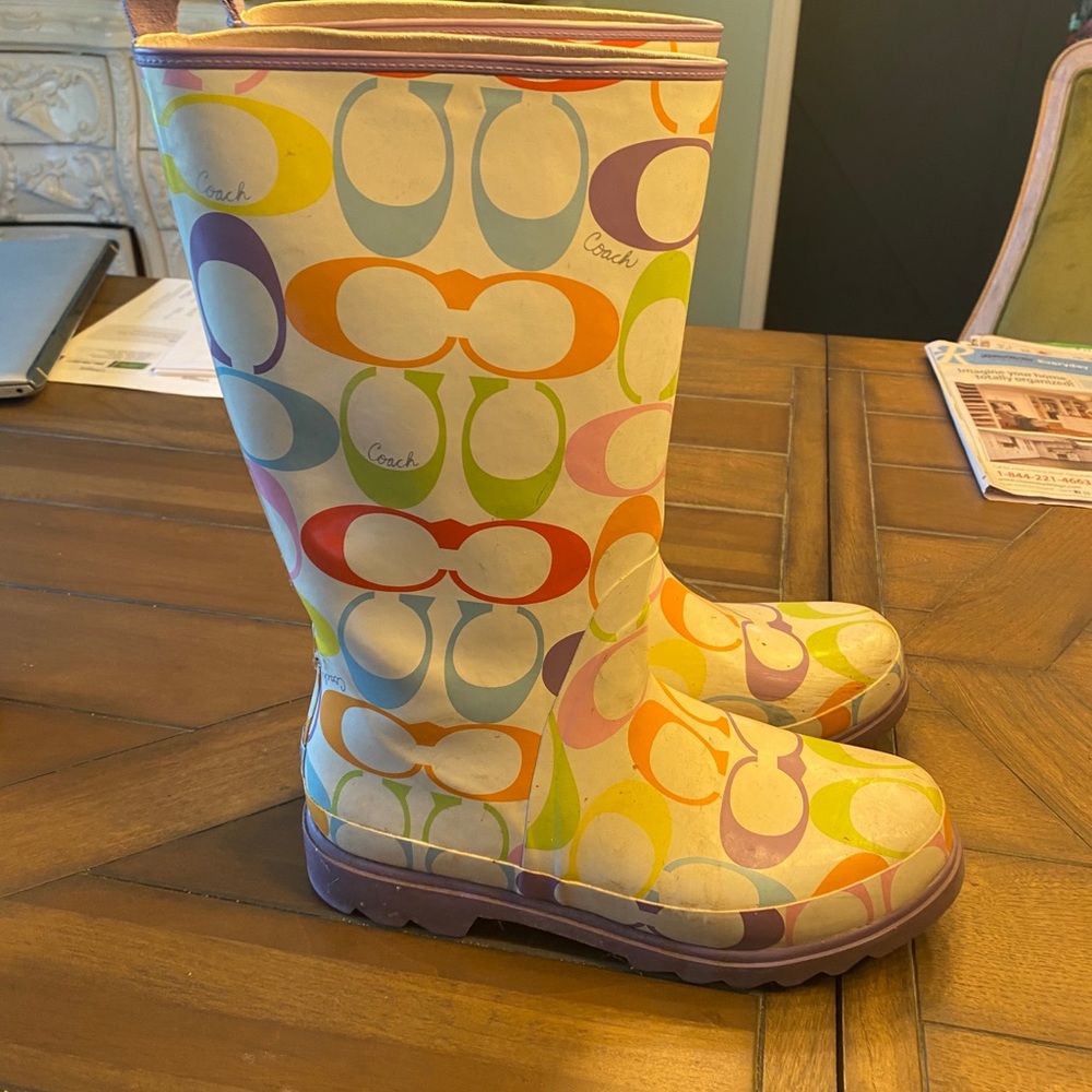 Coach multicolor rainbow rain rubber boots 10